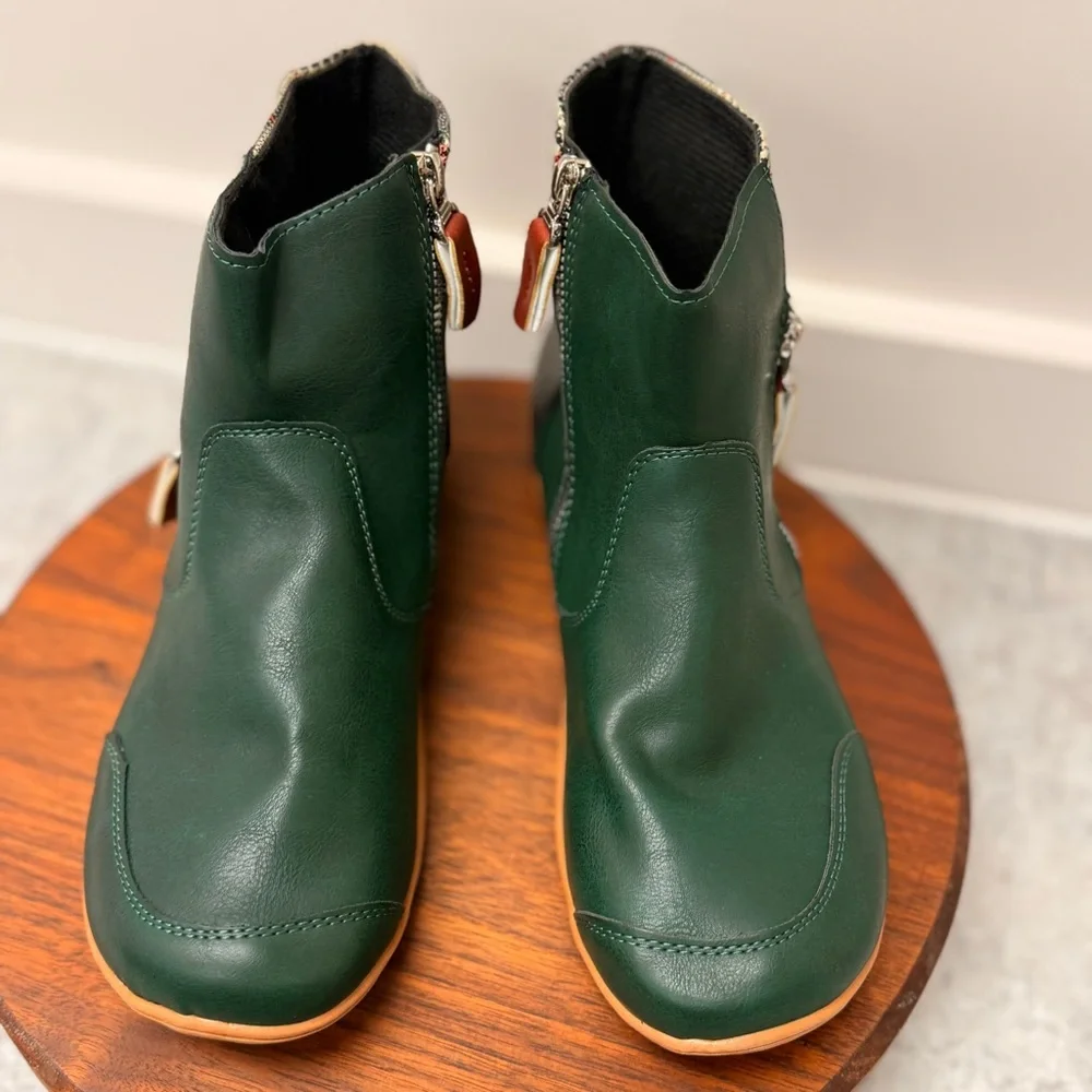 Green Black‎ Plaid Trim Faux Leather Ankle Boots Flat Side Zip Booties